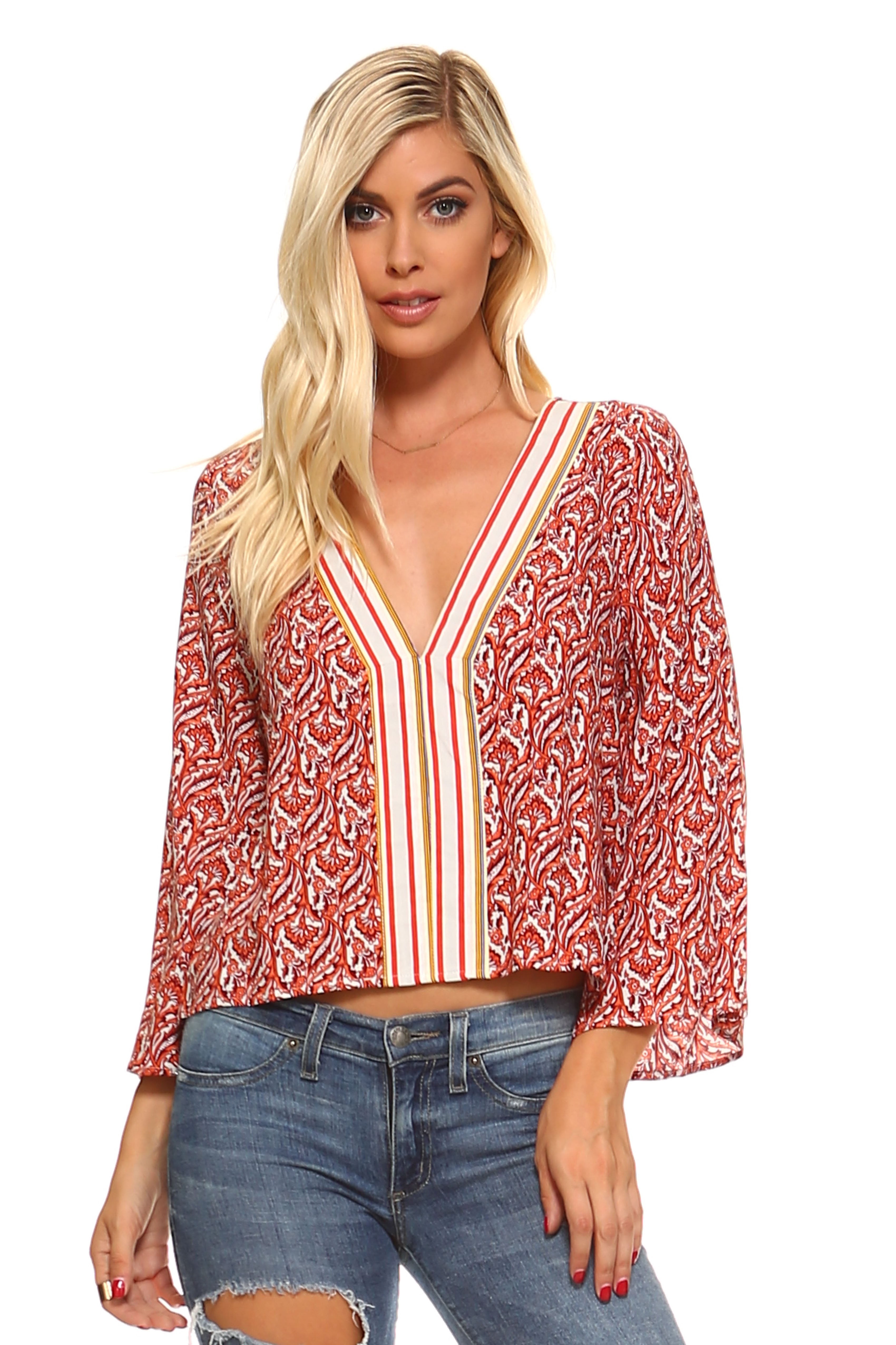 Women's Striped V-Neck Bell Sleeve Top