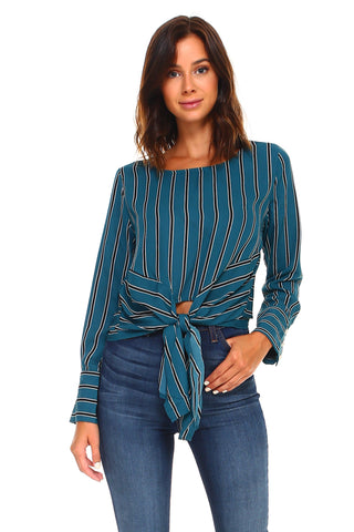 Women's Stripe Long Sleeve Tie Blouse