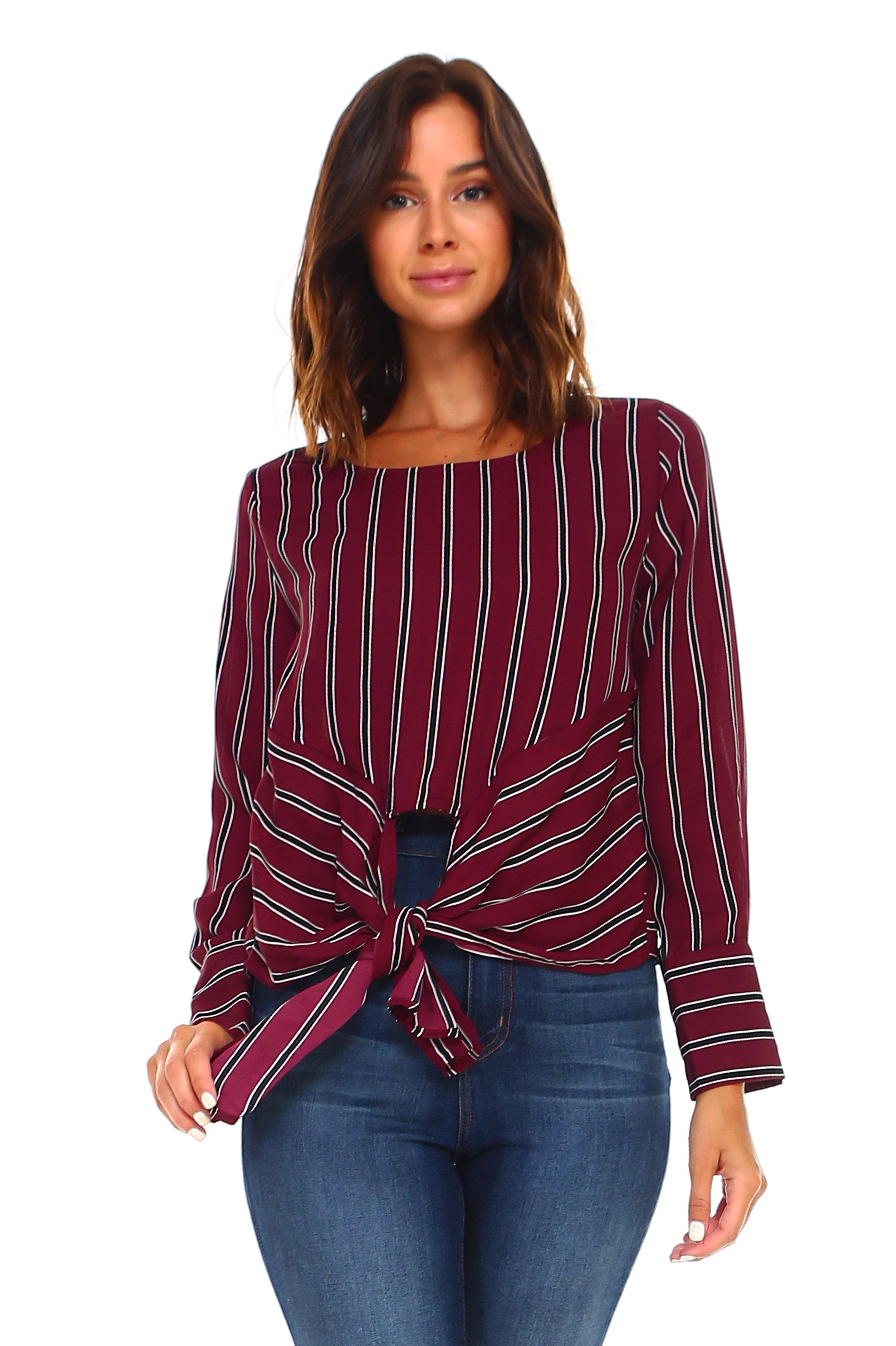 Women's Stripe Long Sleeve Tie Blouse