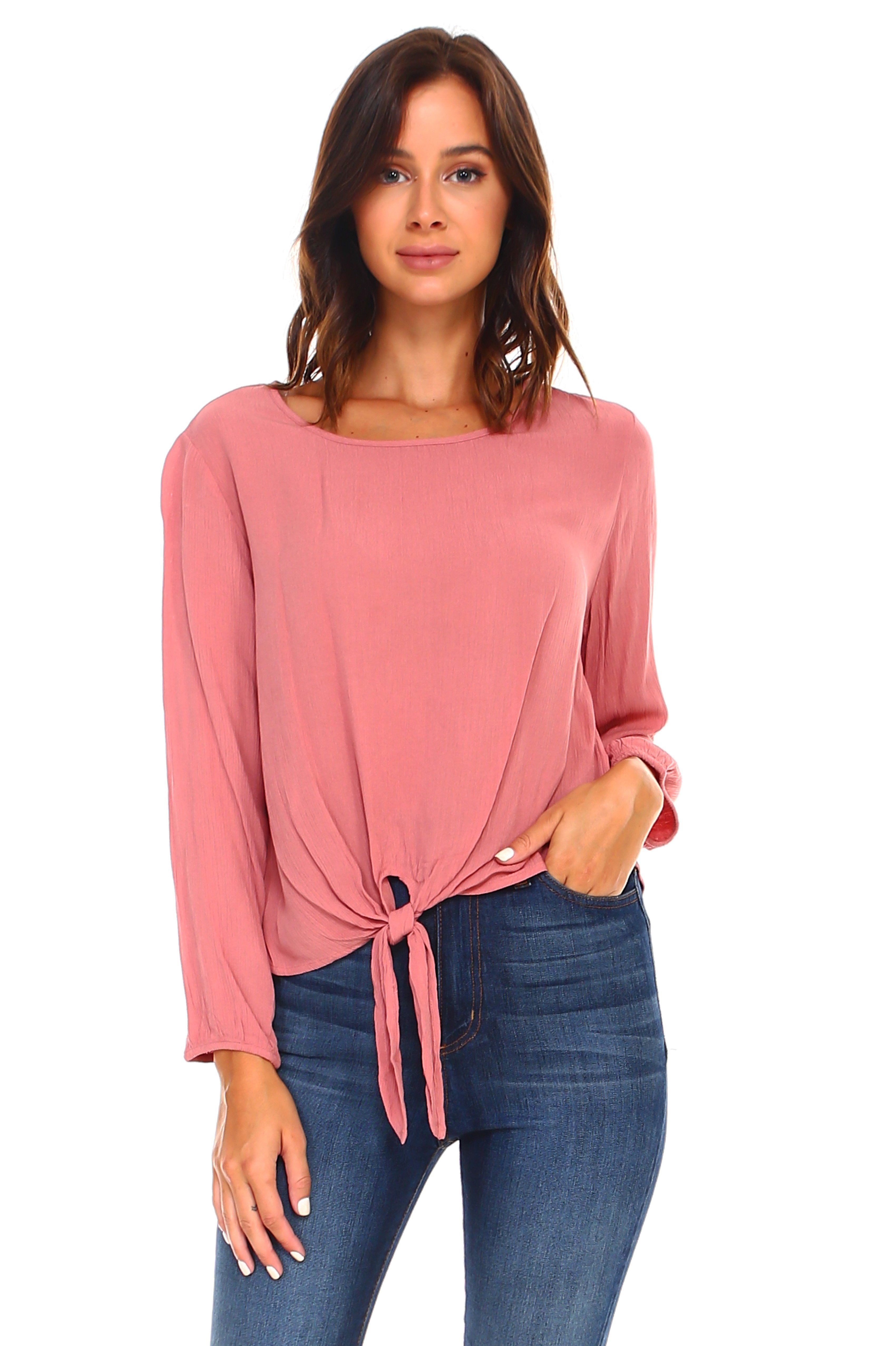 Women's Long Sleeve Tie Solid Top