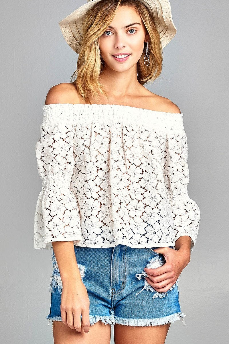 Off Shoulder Floral Lace Top w/ Smocked Detail