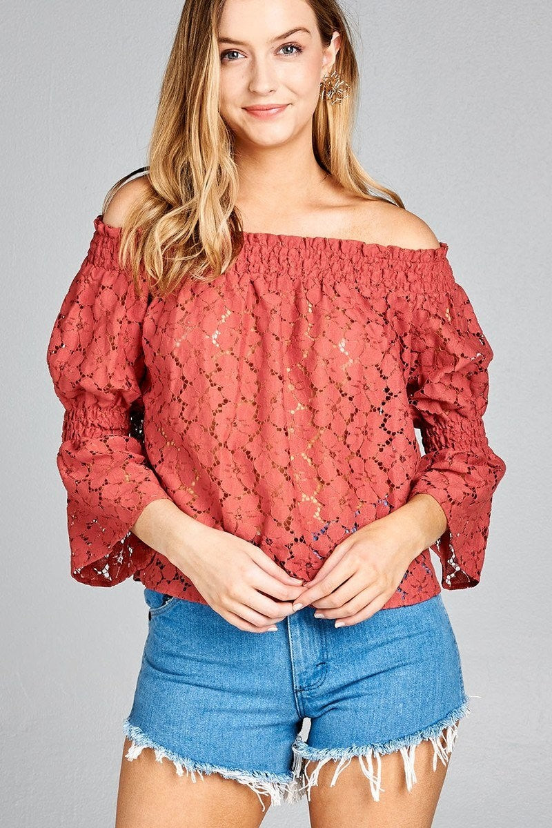 Off Shoulder Floral Lace Top w/ Smocked Detail