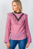 Pink Pointelle Contrast Top w/ Crochet Trim