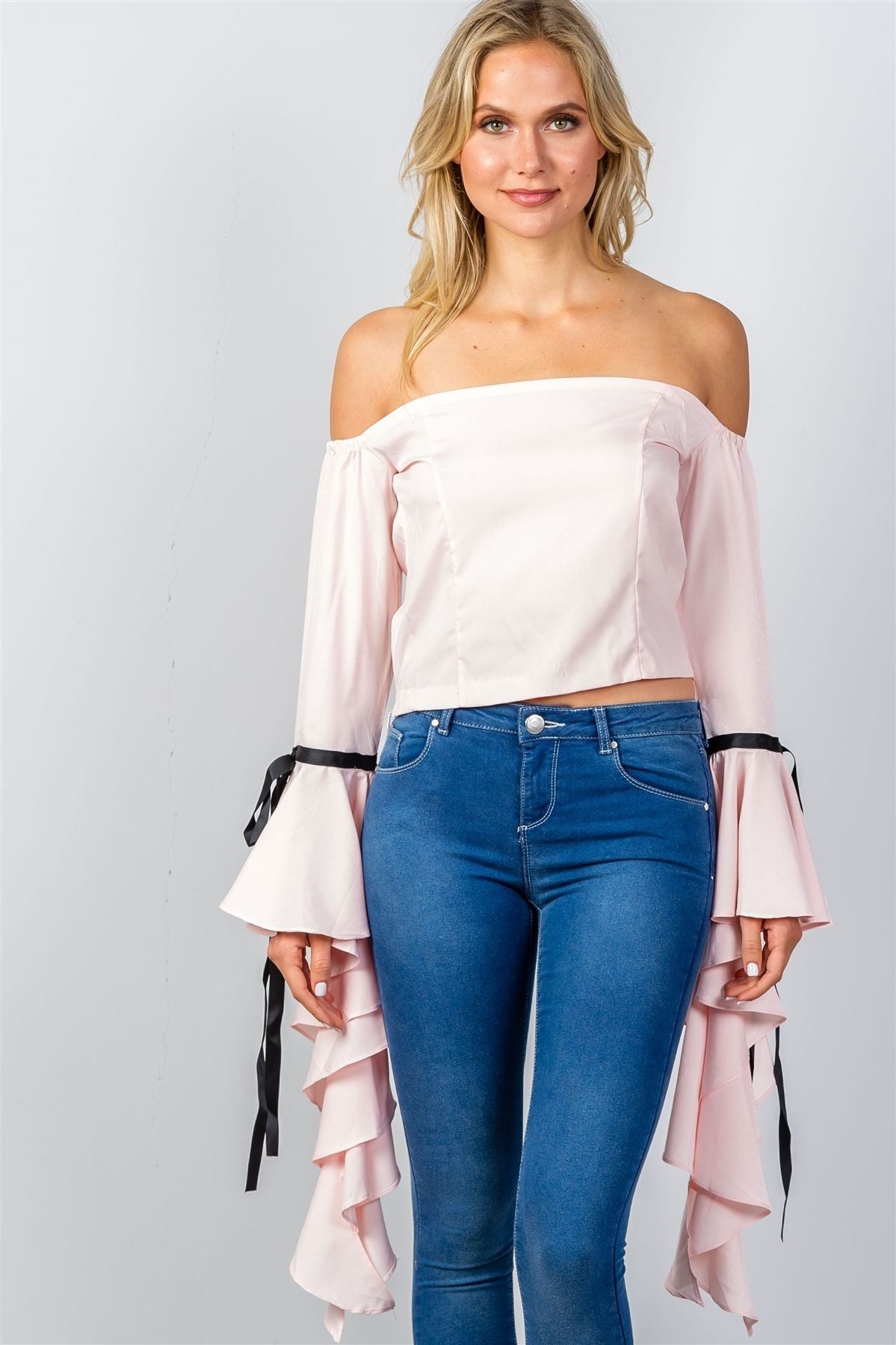 Pink Off Shoulder Blouse w/ Ruffled Flare Sleeves