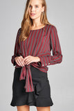 Long Sleeve Round Neck Multi Stripe Print Woven Top w/ Front Self-tie