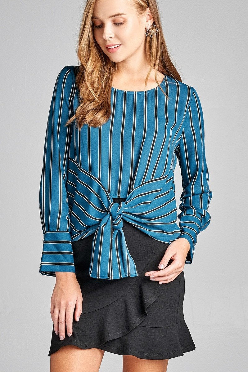 Long Sleeve Round Neck Multi Stripe Print Woven Top w/ Front Self-tie