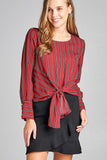 Long Sleeve Round Neck Multi Stripe Print Woven Top w/ Front Self-tie