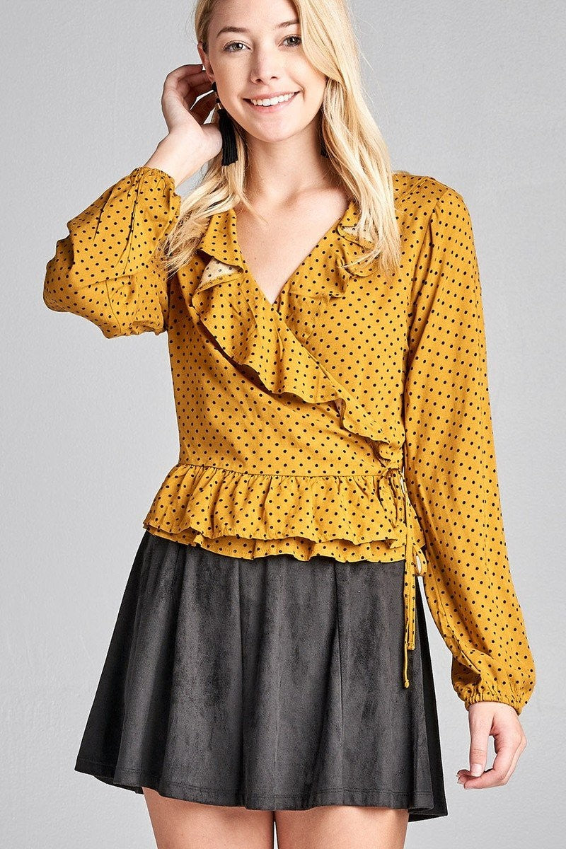 Long Sleeve Dot Print Woven Top w/ Ruffle Wrap & Side Ribbon Tie