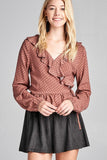 Long Sleeve Dot Print Woven Top w/ Ruffle Wrap & Side Ribbon Tie