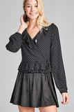 Long Sleeve Dot Print Woven Top w/ Ruffle Wrap & Side Ribbon Tie