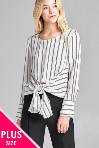 Plus Size Long Sleeve Striped Top w/ Front Self Tie