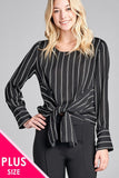 Plus Size Long Sleeve Striped Top w/ Front Self Tie