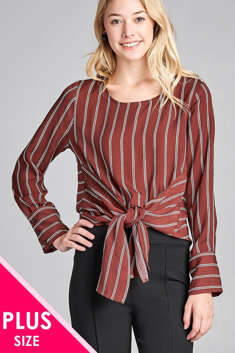 Plus Size Long Sleeve Striped Top w/ Front Self Tie