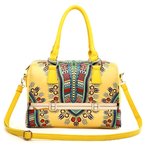 Yellow Dashiki Print Vegan Leather Framed Handbag with Matching Zippered Wallet