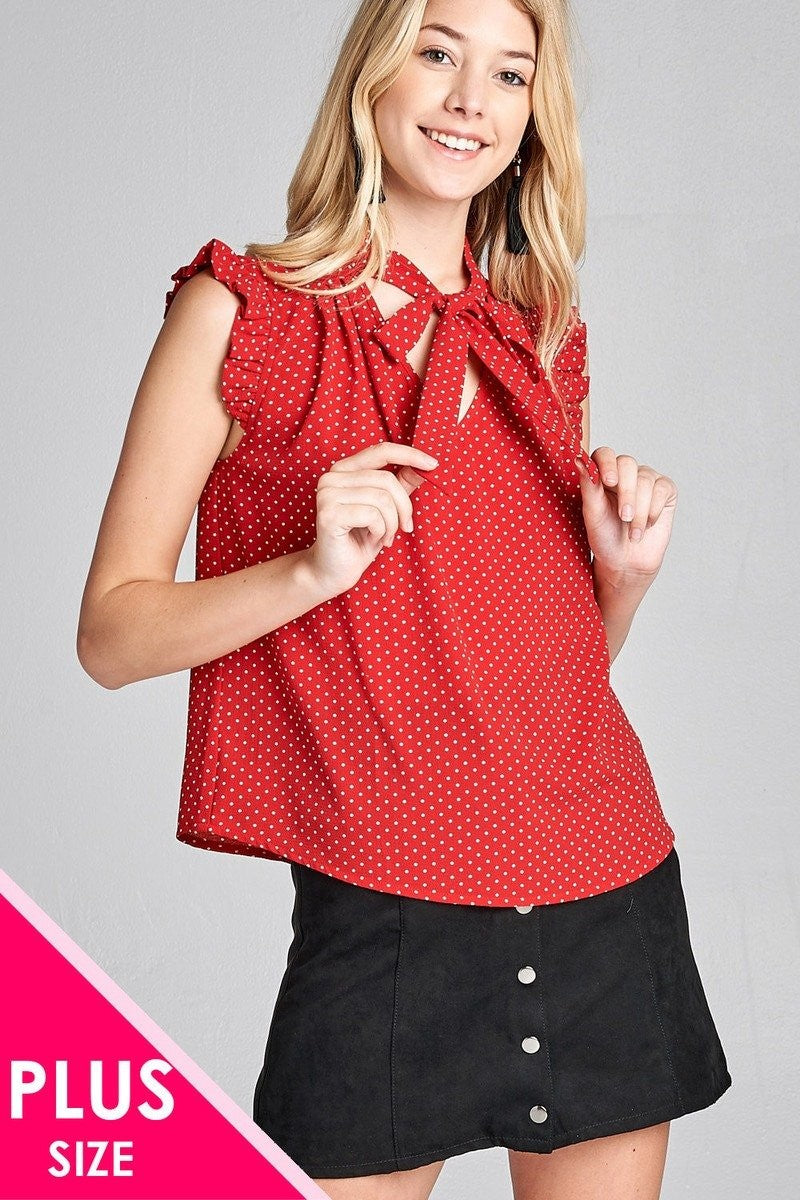 Plus Size Short Ruffle Sleeve Dot Printed Top w/ Self Tie