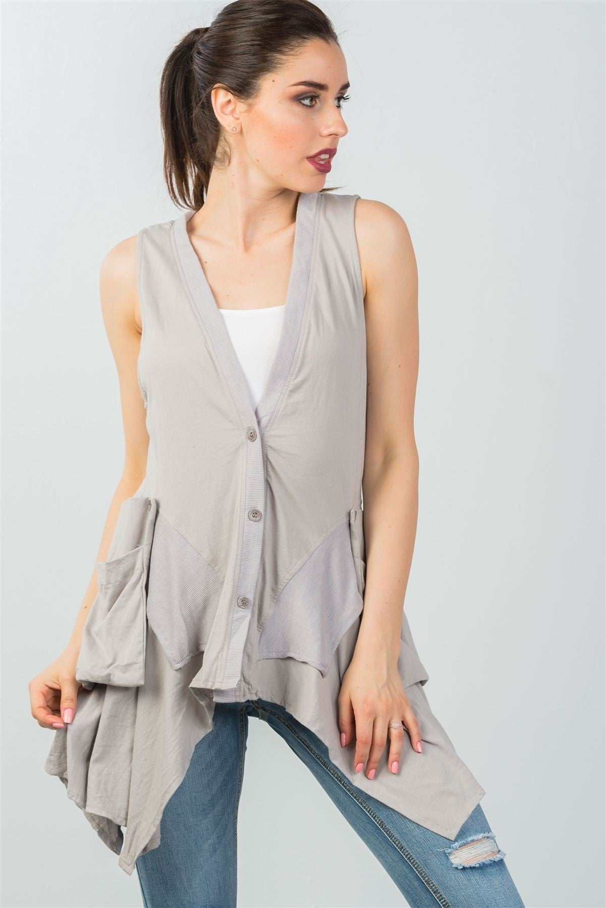 Front Button Solid Color Sleeveless Asymmetric Hem Vest