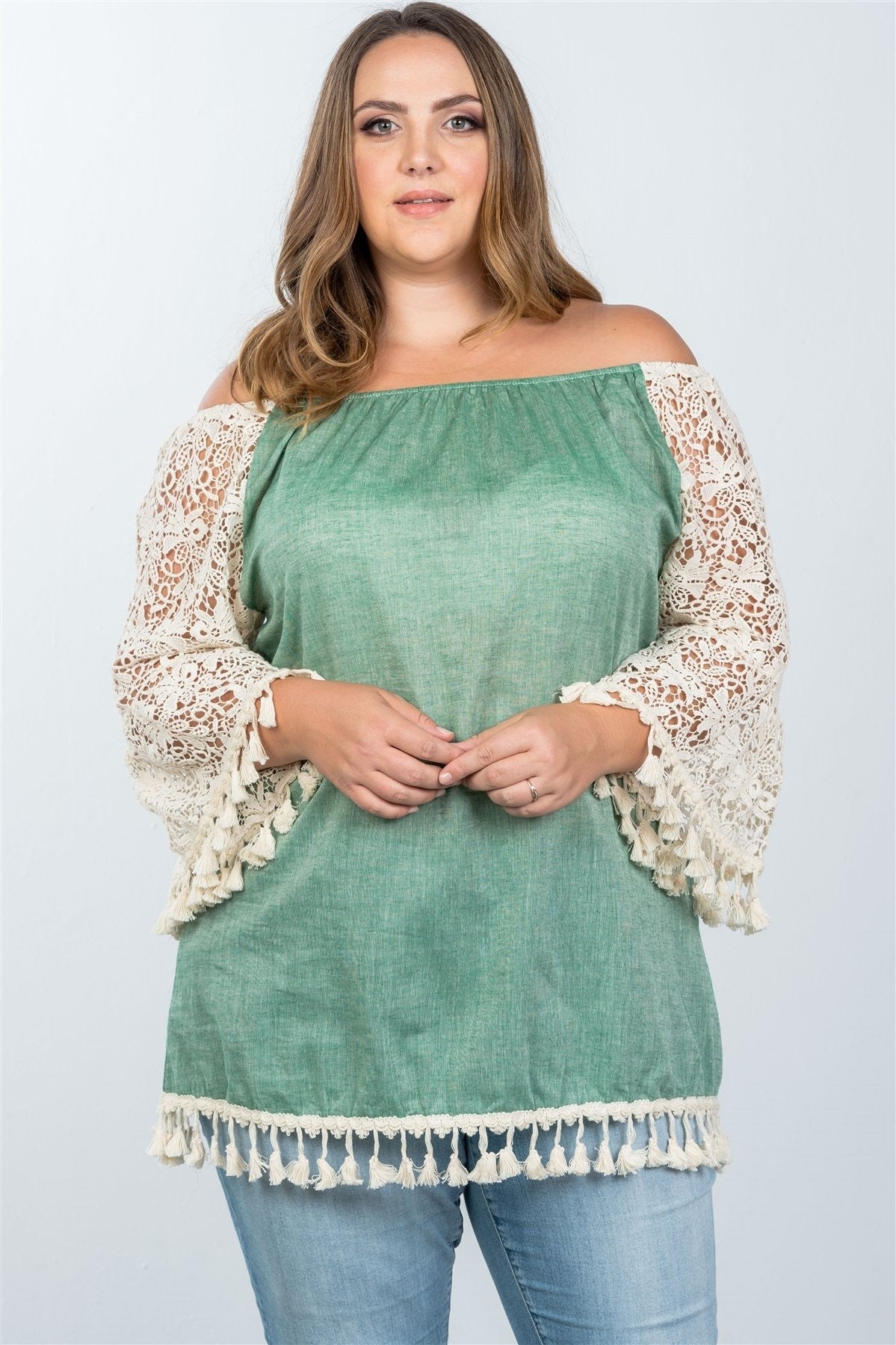 Plus Size Boho Off Shoulder Tassel Top