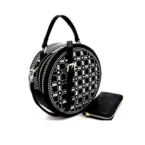 Rhinestone Studded Black Vegan Leather Round Handbag with Matching Zippered Wallet