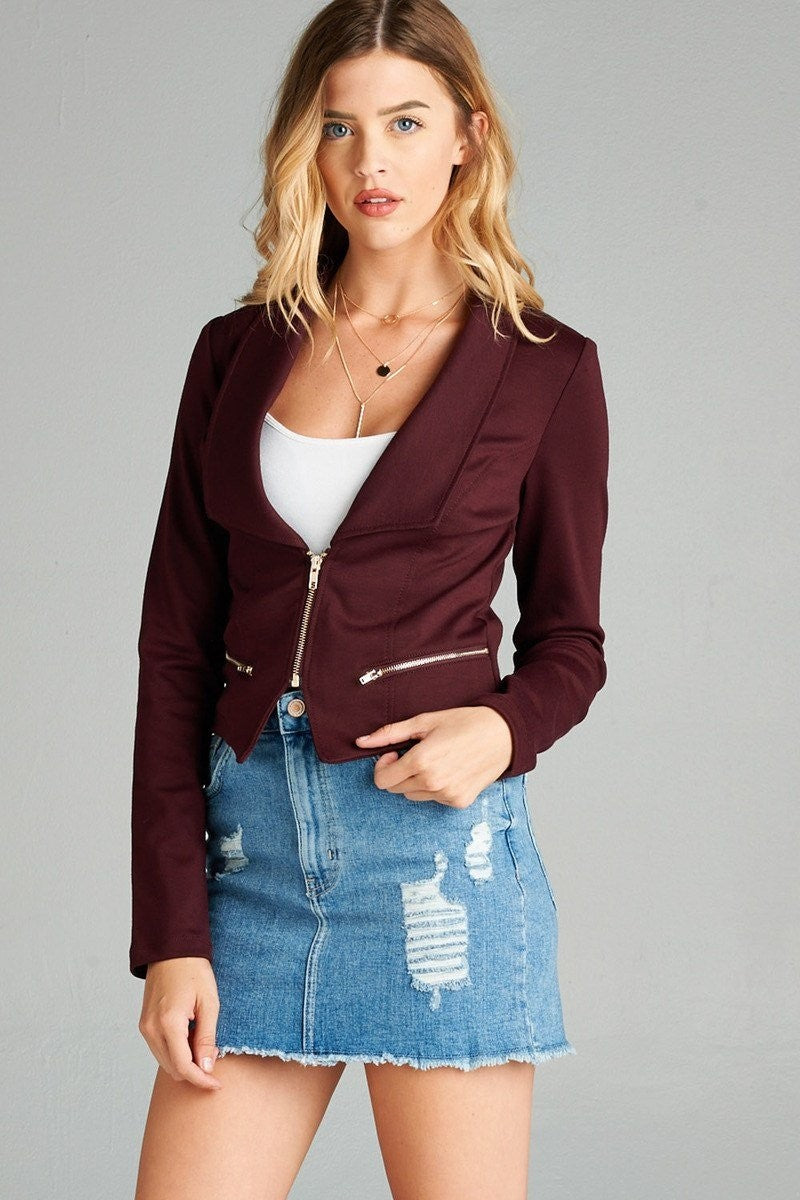 Long Sleeve Front Zip Blazer - Dark Red