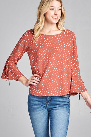 3/4 Bell Sleeve w/ Round Neck Dot Print Crepe Woven Top