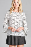 3/4 Bell Sleeve w/ Round Neck Dot Print Crepe Woven Top