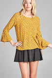 3/4 Bell Sleeve w/ Round Neck Dot Print Crepe Woven Top