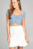 Off Shoulder Front Shirring Rib Crop Top - Blue