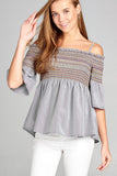 Open Shoulder Smoked Striped Top - Grey