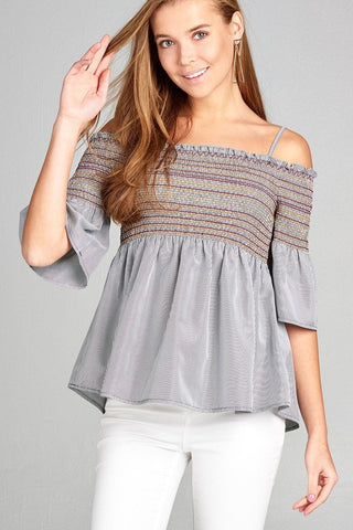 Open Shoulder Smoked Striped Top - Grey