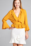 3/4 bell sleeve wrap w/ruffle side tie closure flare bottom woven top