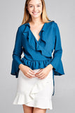 3/4 bell sleeve wrap w/ruffle side tie closure flare bottom woven top