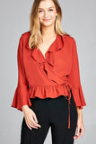 3/4 bell sleeve wrap w/ruffle side tie closure flare bottom woven top