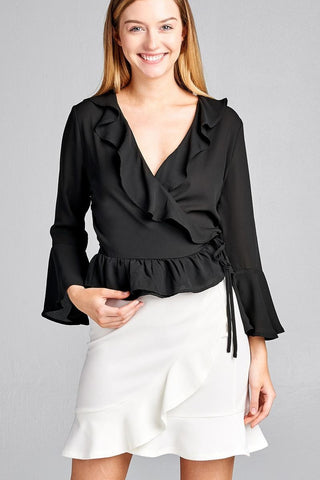 3/4 bell sleeve wrap w/ruffle side tie closure flare bottom woven top