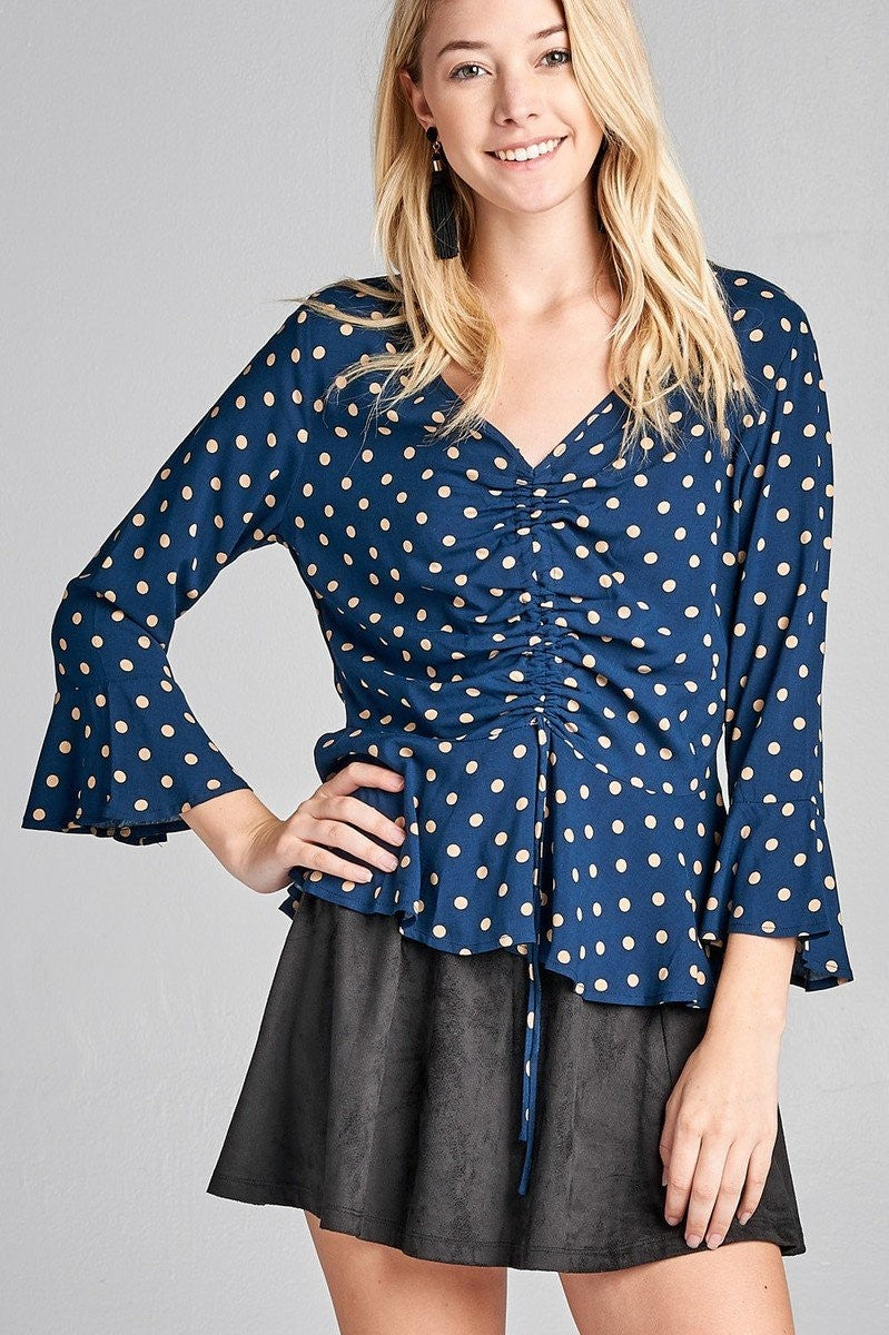 3/4 Sleeve Dot Print V-Neck Blouse w/ Shirring Detail & Flared Hem