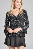 3/4 Sleeve Dot Print V-Neck Blouse w/ Shirring Detail & Flared Hem