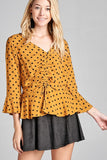 3/4 Sleeve Dot Print V-Neck Blouse w/ Shirring Detail & Flared Hem