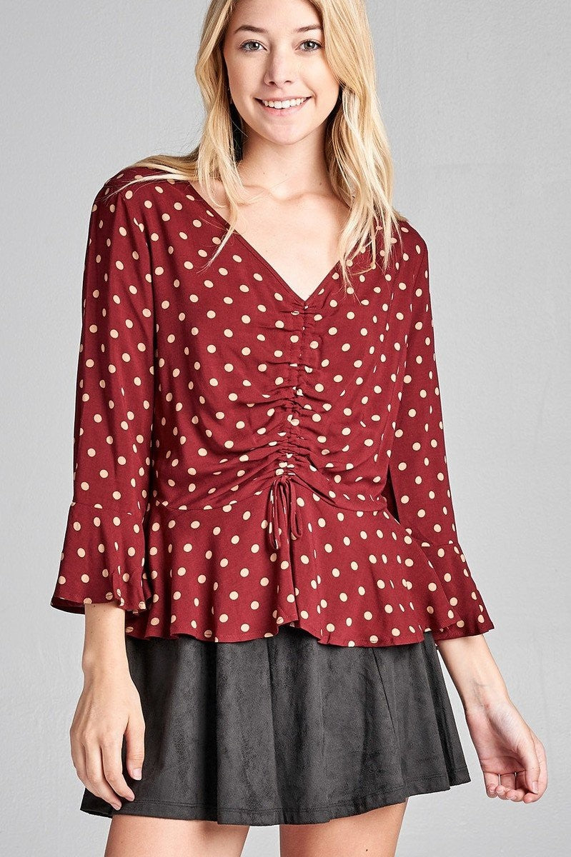 3/4 Sleeve Dot Print V-Neck Blouse w/ Shirring Detail & Flared Hem