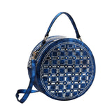 Rhinestone Studded Blue Vegan Leather Round Handbag with Matching Zippered Wallet