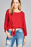 Long Sleeve Crinkle Gauze Woven Top w/ Front Bow-tie