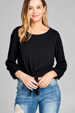 Long Sleeve Crinkle Gauze Woven Top w/ Front Bow-tie