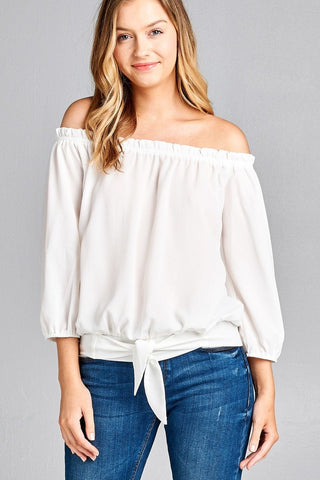 3/4 Sleeve Off-Shoulder Woven Top w/ Front Self-Tie Waist Band