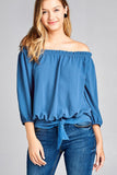 3/4 Sleeve Off-Shoulder Woven Top w/ Front Self-Tie Waist Band