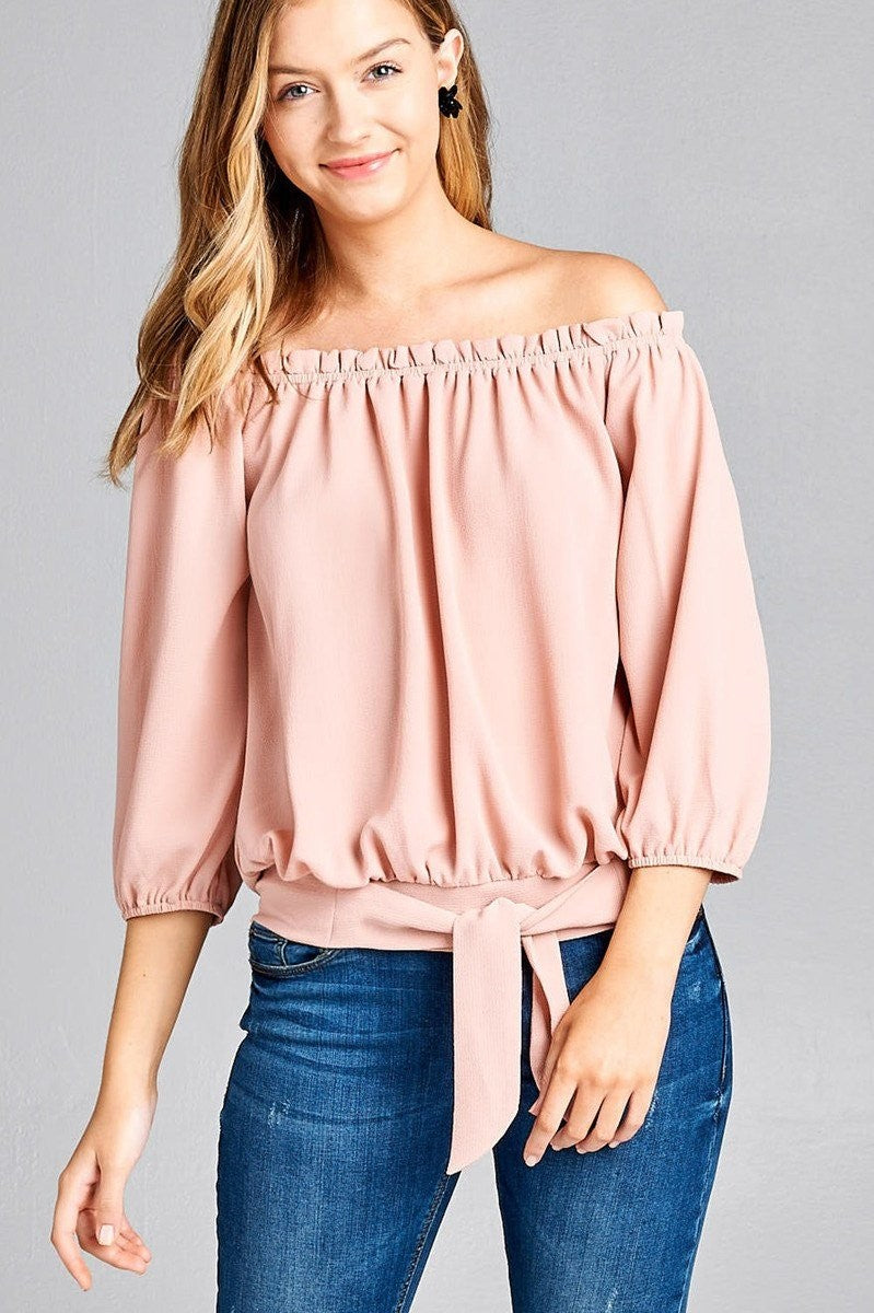 3/4 Sleeve Off-Shoulder Woven Top w/ Front Self-Tie Waist Band