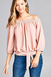 3/4 Sleeve Off-Shoulder Woven Top w/ Front Self-Tie Waist Band