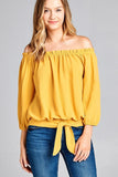 3/4 Sleeve Off-Shoulder Woven Top w/ Front Self-Tie Waist Band