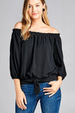 3/4 Sleeve Off-Shoulder Woven Top w/ Front Self-Tie Waist Band