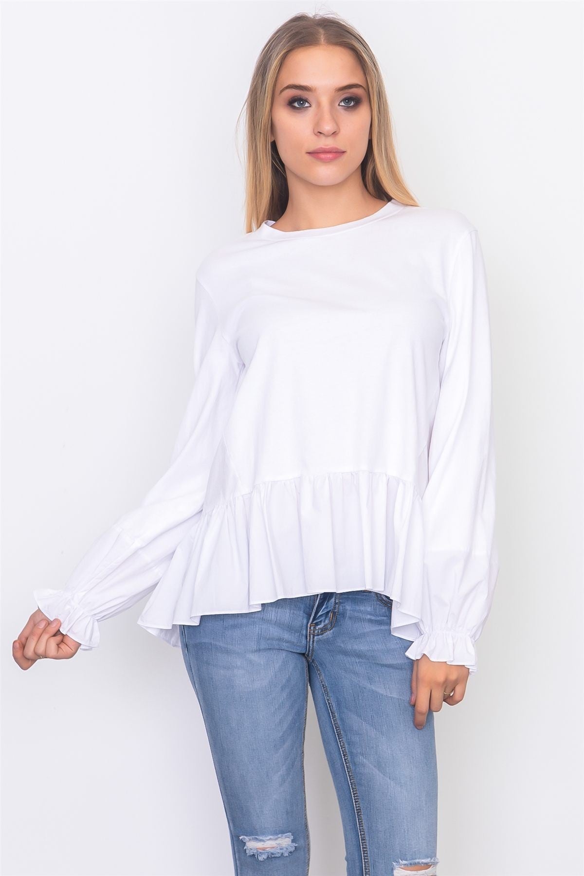 Contrast Woven Ruffle Sleeve Top