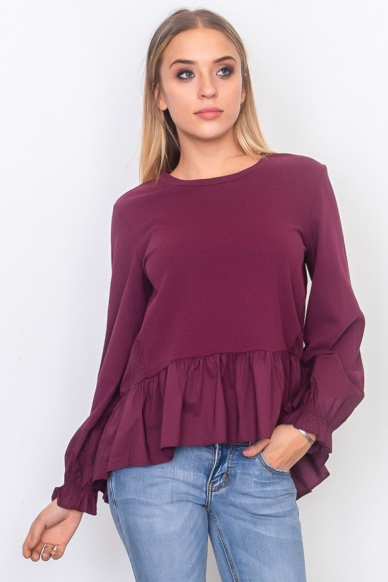 Contrast Woven Ruffle Sleeve Top