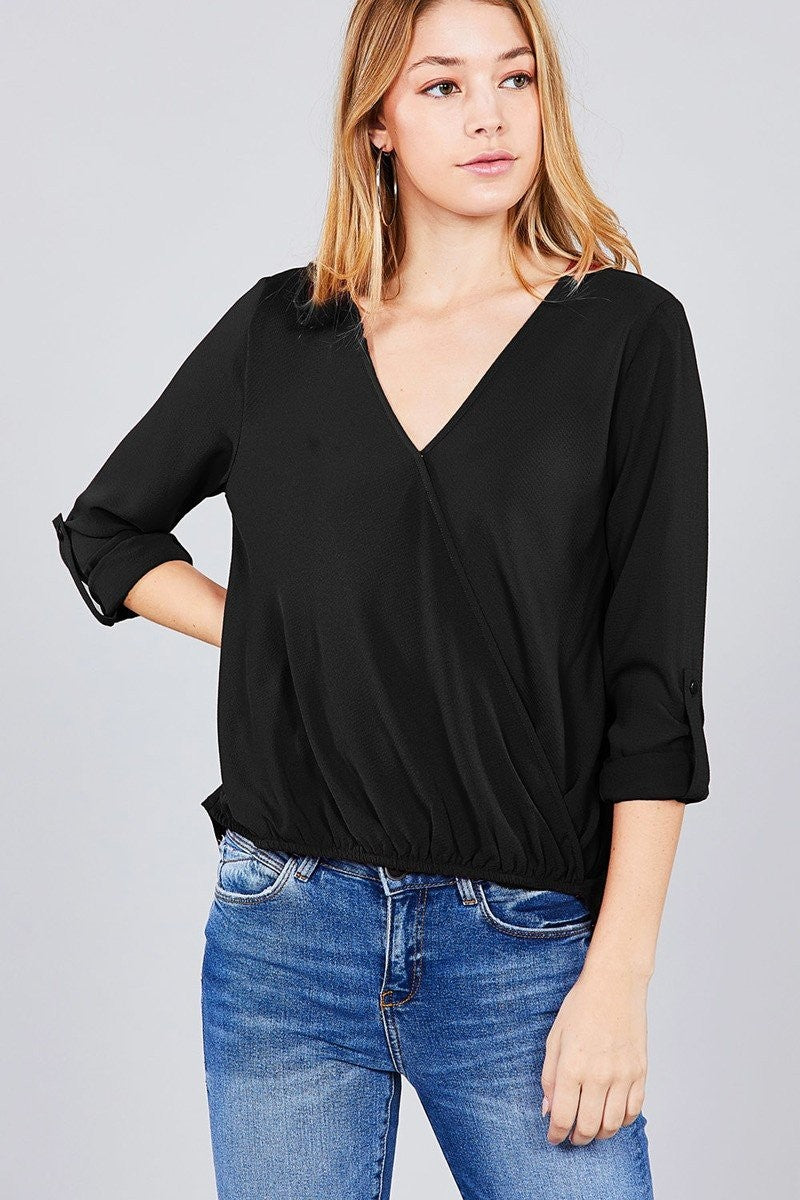 3/4 Roll Up Sleeve V-Neck w/ Surplice Woven Top