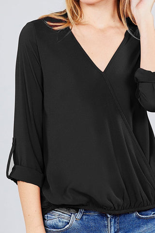 3/4 Roll Up Sleeve V-Neck w/ Surplice Woven Top